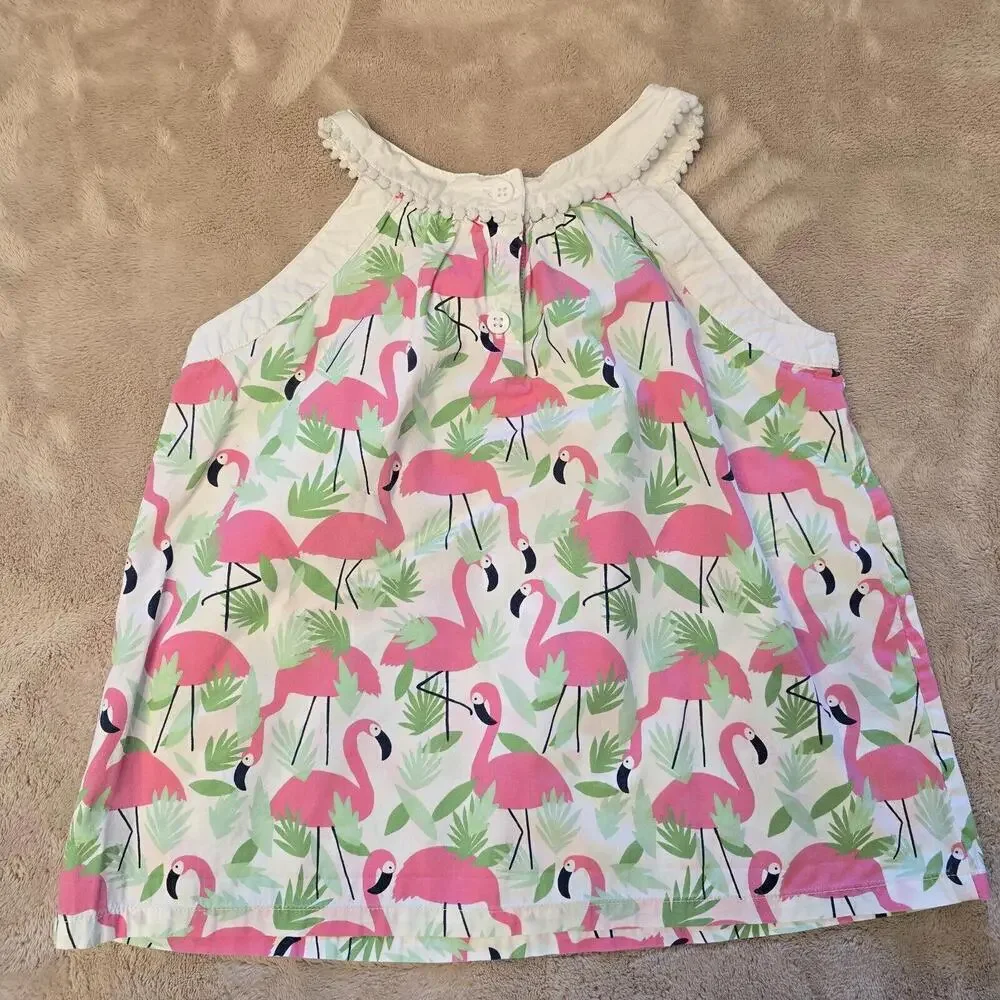 Gymboree Girls White Pink Green Flamingo Printed Blouse Shirt Top Size 6